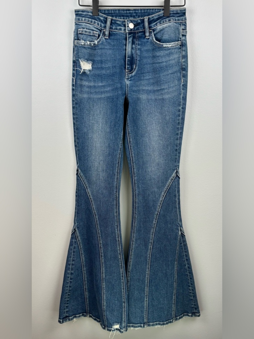Women’s Blue Wide- Flared Distressed Patched Together Jeans- Sample
